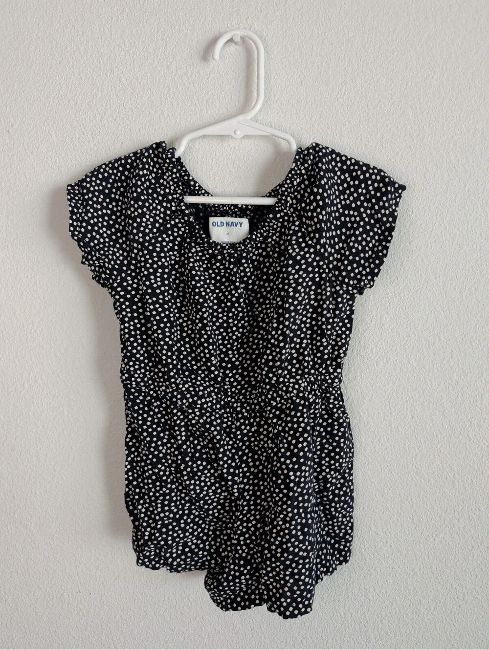Toddler Girls Blue & White Polka Dot Flutter Romper Size 4T